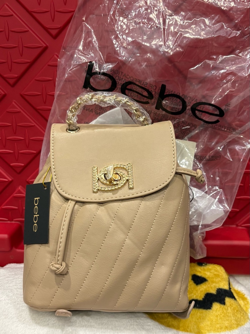 bebe Cream Quilted Mini Backpack with Gold Accent